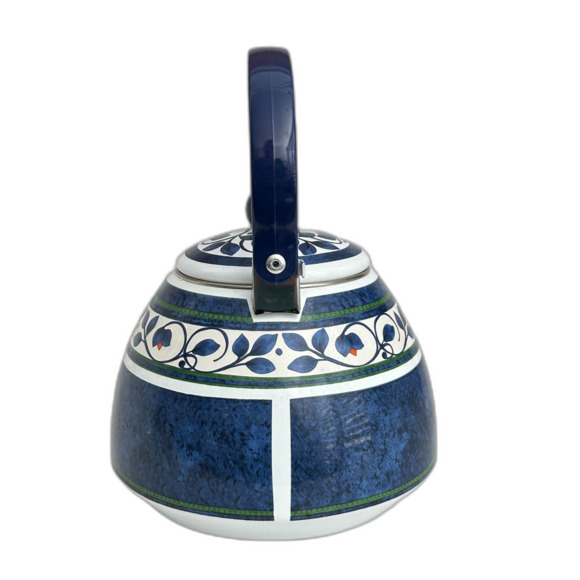 Pfaltzgraff Enamel Tea Kettle Blue/Green/White Stripe & Floral Orleans Pattern - Picture 4 of 9